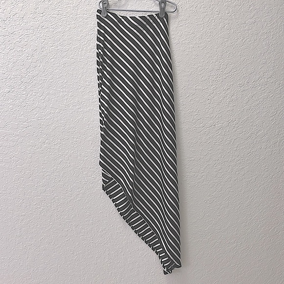 Gray & White Stripe Small Stretchy High Waist Asymmetrical Maxi Skirt Side Slit - Picture 1 of 4